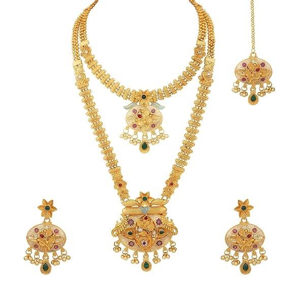 tample jewelery Traditional Gold Plated Temple Jewellery Necklace Set with Earrings and Maang Tikka, Suitable for Bridal, Wedding, Party