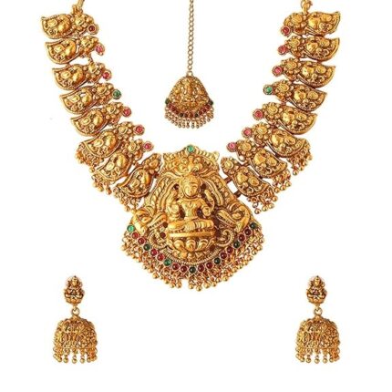 Gold Plated Traditional Temple Jewelry Set Antique Necklace Set with Earrings and Maangtikka for Women and Girls